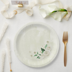 Ivory white flowers greenery wedding paper plate