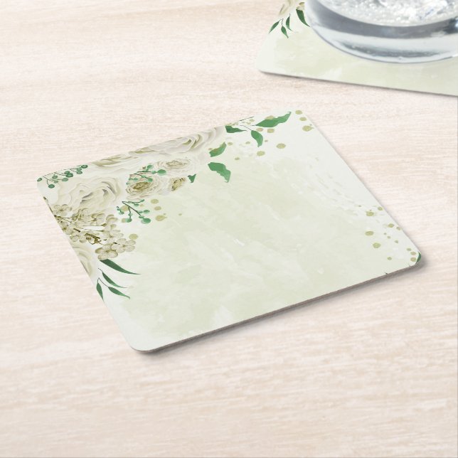 Ivory white flowers greenery wedding square paper coaster (Angled)