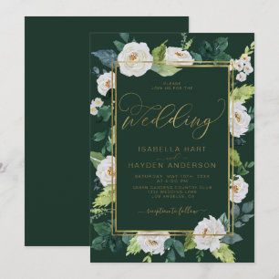 Ivory White Gold Elegan Floral Emerald Wedding Invitation