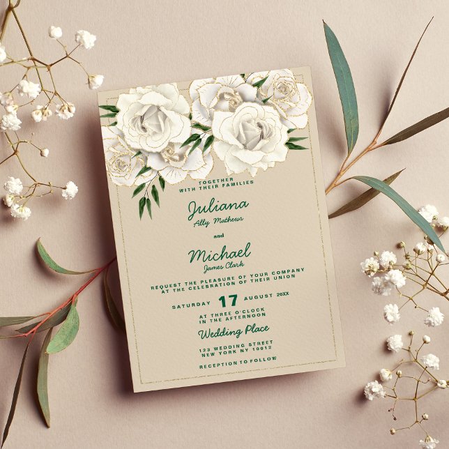Ivory white gold glitter roses floral Wedding  Invitation (Ivory white gold glitter roses floral Wedding )