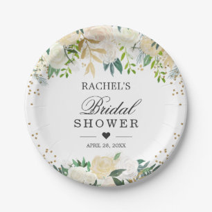 Ivory White Green Floral Bridal Shower Paper Plate