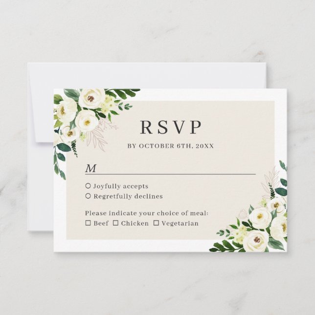 Ivory White Greenery Floral Elegant Wedding RSVP Card (Front)