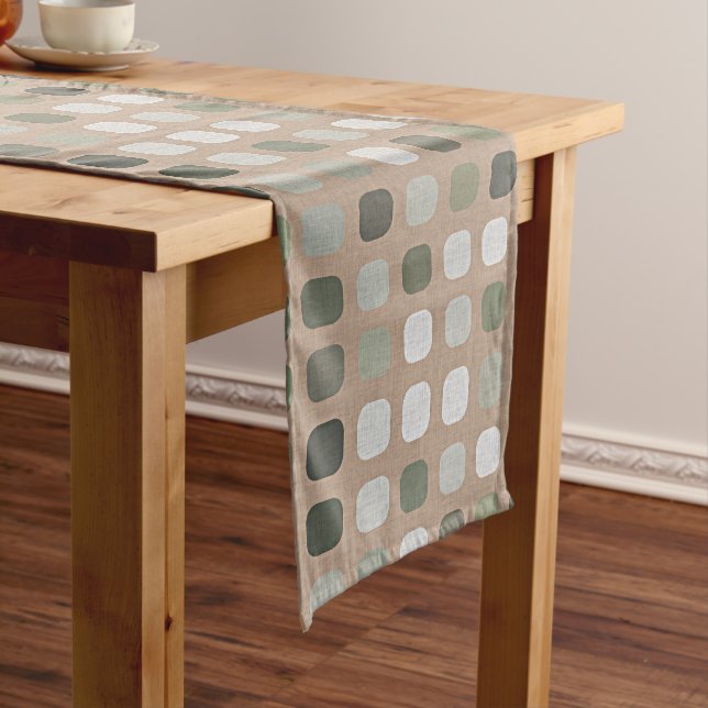 Ivory White Grey Olive Green Round Squares Pattern Medium Table Runner (In Situ)
