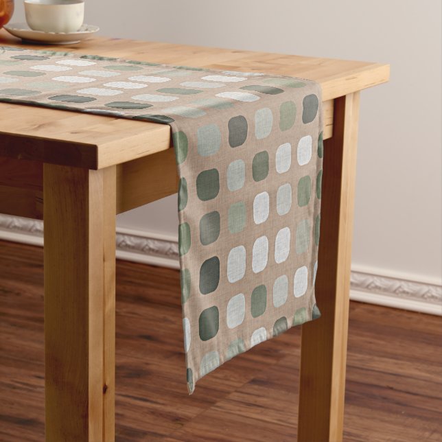 Ivory White Grey Olive Green Round Squares Pattern Short Table Runner (In Situ)