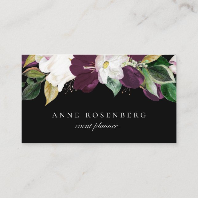 Ivory White Plum Purple Floral Black Business Card (Front)