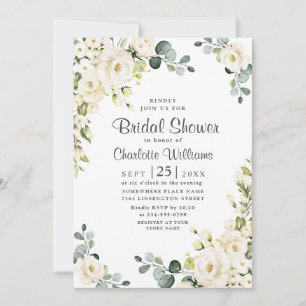 Ivory White Rose Eucalyptus Greenery Bridal Shower Invitation