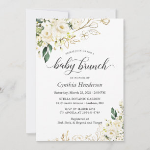 Ivory White Rose Floral Baby Shower Brunch Invitation
