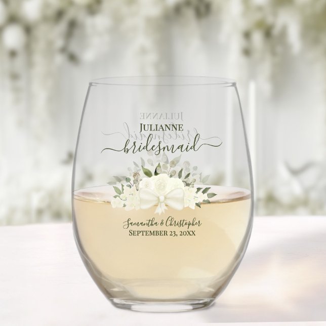 Ivory White Roses Bridesmaid Maid of Honour Gift Stemless Wine Glass (Creator Uploaded)