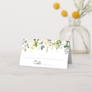 Ivory White Roses Floral Greenery Wedding Table Place Card