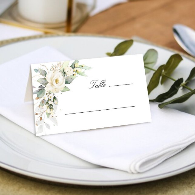 Ivory White Roses Floral Greenery Wedding Table Place Card (Creator Uploaded)