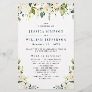 Ivory White Roses Floral Wedding Ceremony Program