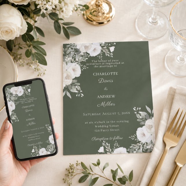Ivory white roses green moss wedding invitation (Creator Uploaded)