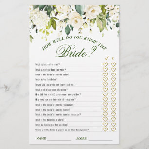 Ivory White Roses Greenery Bridal Shower Game