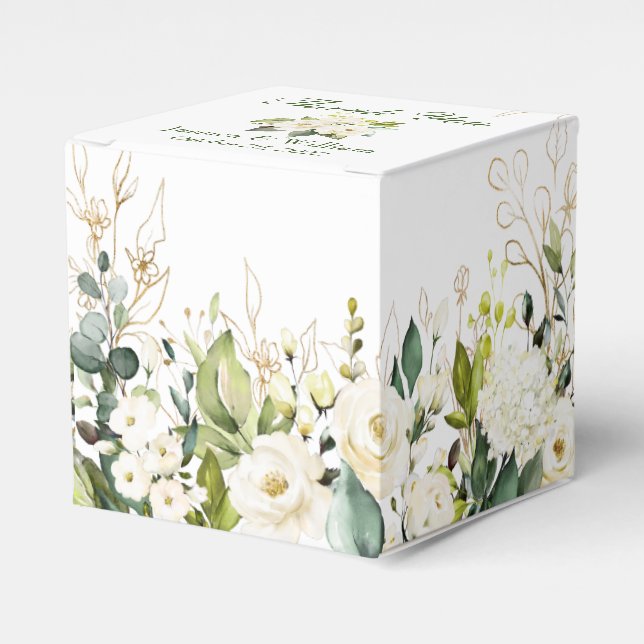 Ivory White Roses Greenery  Floral Gift Wedding Favor Box (Front Side)