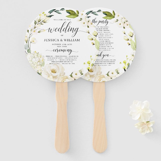 Ivory White Roses Greenery Floral Wedding Program Hand Fan (Front and Back)