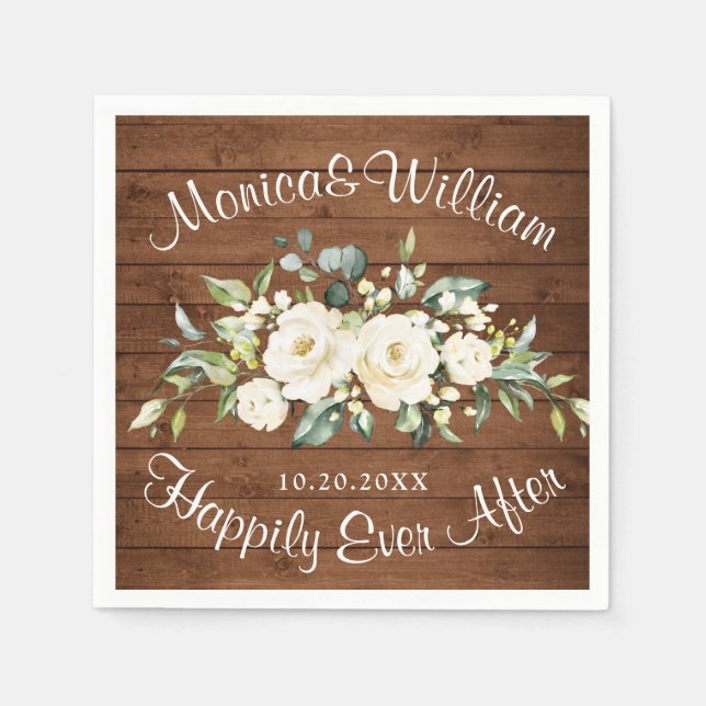 Ivory White Roses Greenery Rustic Wood Wedding Napkin (Front)