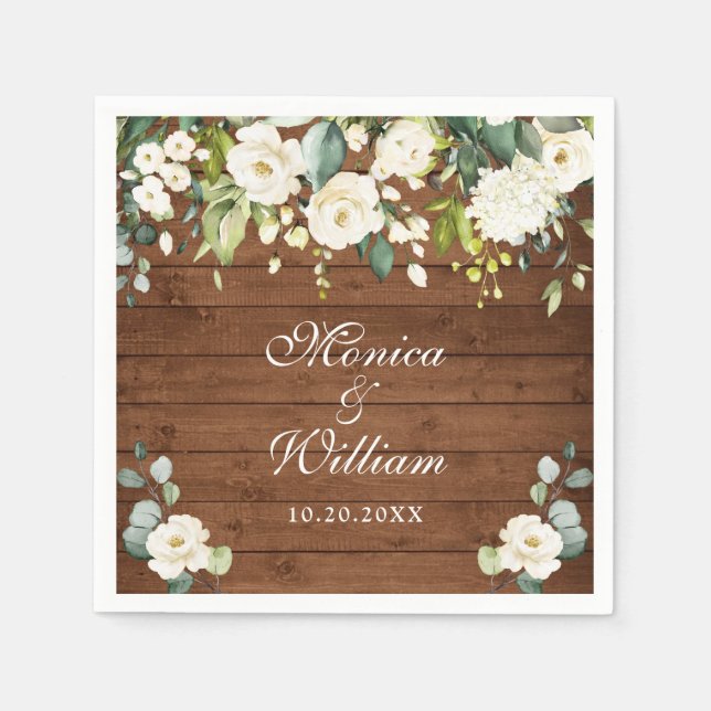 Ivory White Roses Greenery Rustic Wood Wedding Napkin (Front)