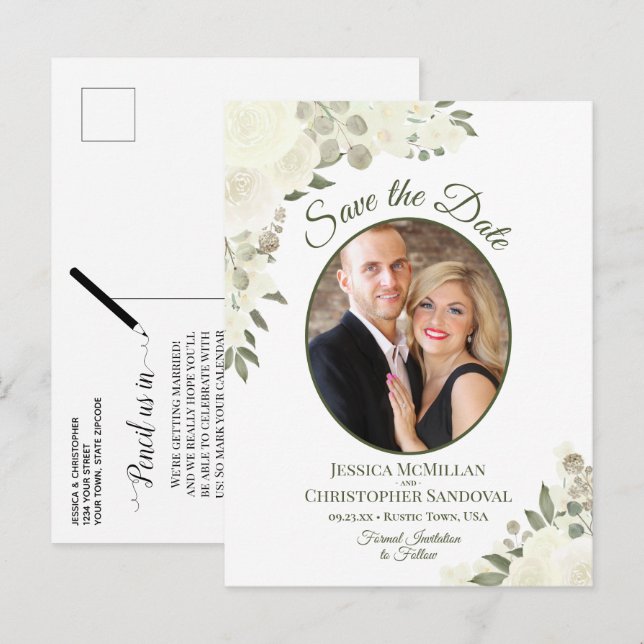 Ivory White Roses Oval Photo Wedding Save the Date Announcement Postcard (Front/Back)