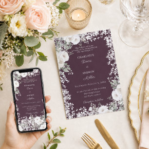 Ivory white roses plum snow winter wedding invitation