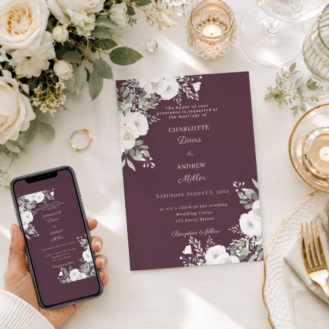 Ivory white roses plum wedding invitation (Creator Uploaded)