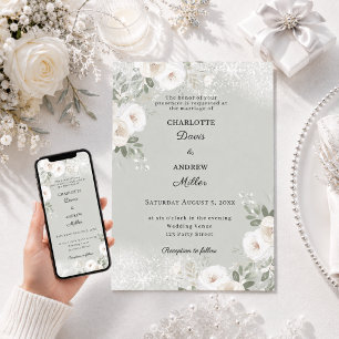 Ivory white roses sage green snow winter wedding invitation