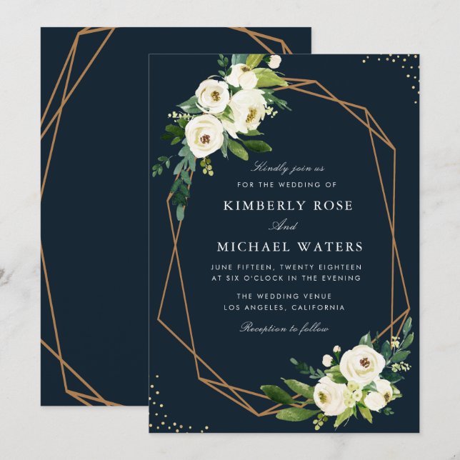 Ivory white watercolor floral geometric wedding invitation (Front/Back)