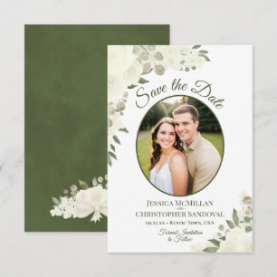 Ivory White Watercolor Floral Oval Photo Wedding Save The Date