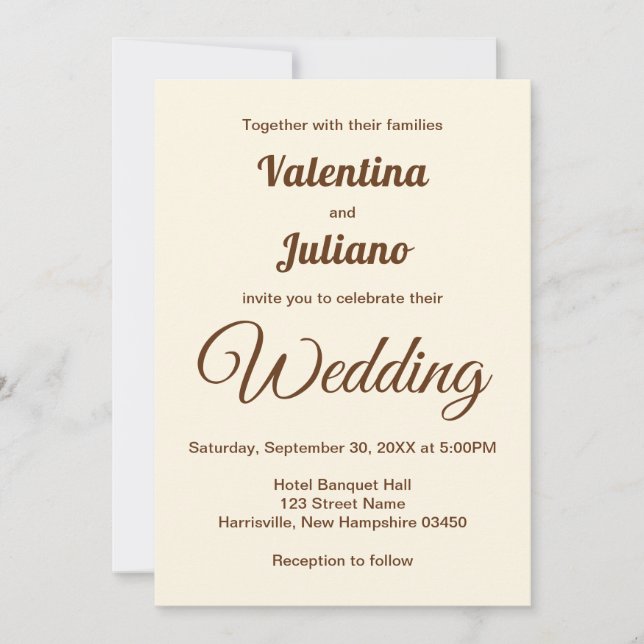 Ivory with Brown Typography Wedding Invitation (Front)