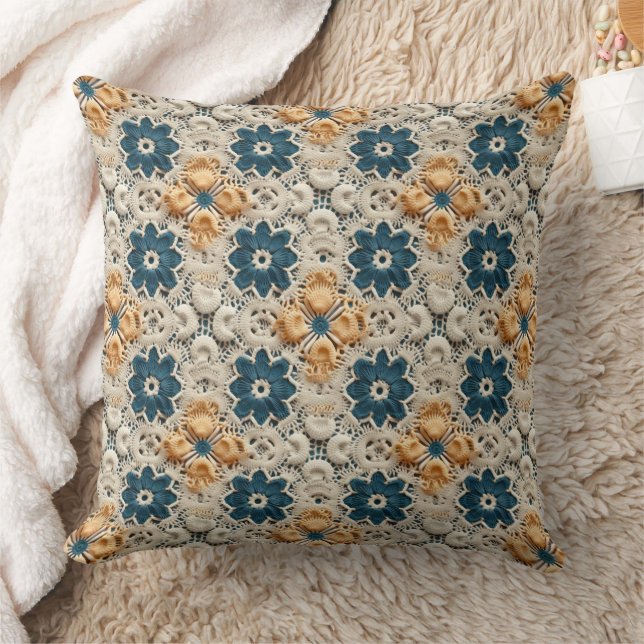 Ivory Yellow and Blue Faux Crochet Throw Pillow (Blanket)