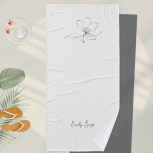 Ivory Zen Yoga Floral Line Art Slate Grey Bath Towel