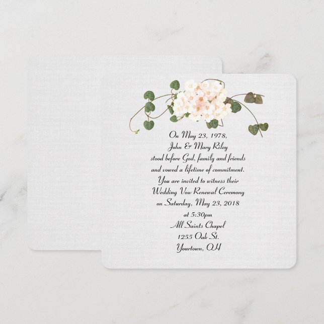 ivy and flower bouquet on texture linen invitation (Front/Back)