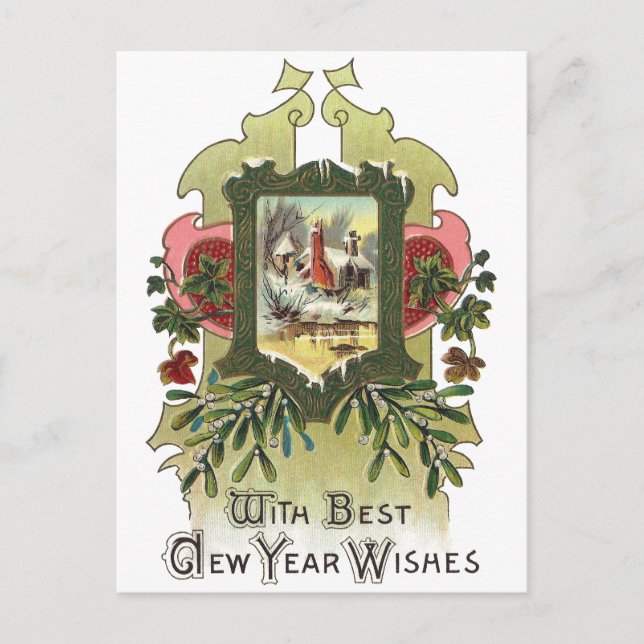 Ivy and Mistletoe Vintage New Year Holiday Postcard (Front)