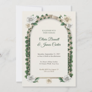 Ivy and White Roses Stone Arch Window Wedding Invitation