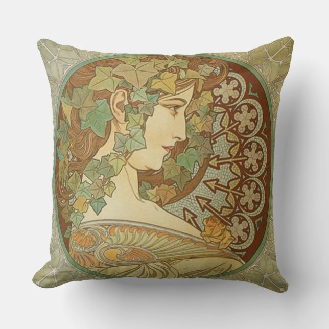 Ivy by Alphonse Mucha Throw Pillow (Front)
