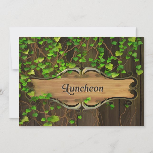 Ivy Covered Fence & Carved Wood Plaque Luncheon Invitation (Front)