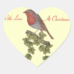 ivy leafs and robins at christmas heart sticker