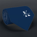 Ivy League Blue | Elegant Monogram Name |Two-Sided Tie<br><div class="desc">An elegant necktie featuring a bold white monogram across a deep Ivy League Blue background. On top of this monogram sits your first or last name spelled out in all capitals. If you prefer a bolder look for the personal name inside of the large letter you can do the following:...</div>