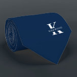 Ivy League Blue | Elegant Monogram Name |Two-Sided Tie<br><div class="desc">An elegant necktie featuring a bold white monogram across a deep Ivy League Blue background. On top of this monogram sits your first or last name spelled out in all capitals. Over 40 unique colours are available in both one-sided and two-sided versions. You can browse them by clicking the collection...</div>