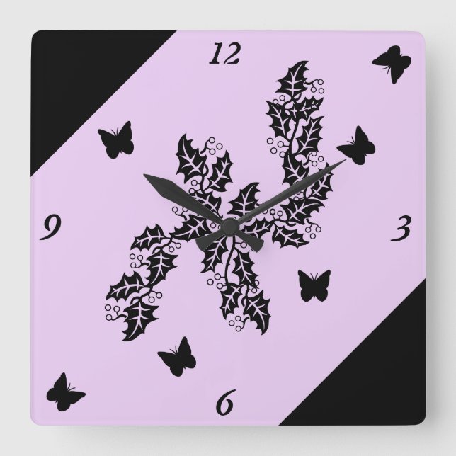 Ivy Leaves and black Butterfly on Purple Square Wall Clock (Front)