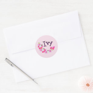 Ivy Name With Baby Meerkat Flower Garland, Classic Round Sticker