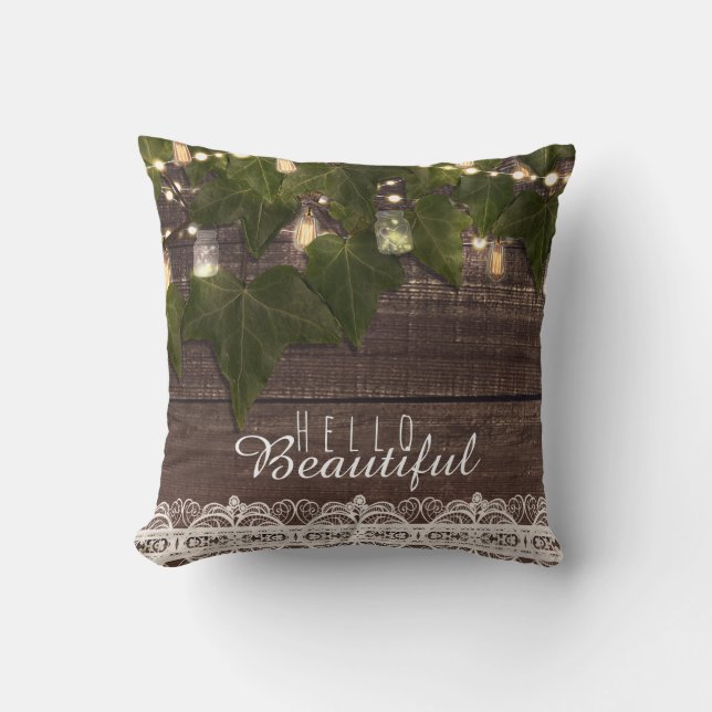 Ivy & String Lights Mason Jar Rustic Farmhouse Throw Pillow (Front)