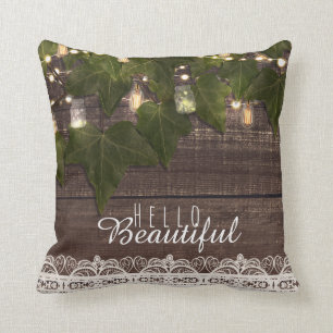 Ivy & String Lights Mason Jar Rustic Farmhouse Throw Pillow