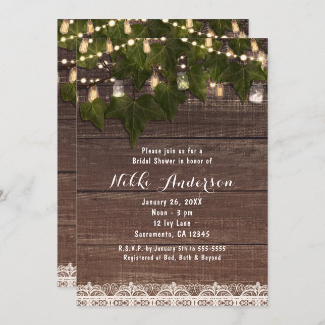 Ivy & String Lights Mason Jar Rustic Invitations (Front/Back)
