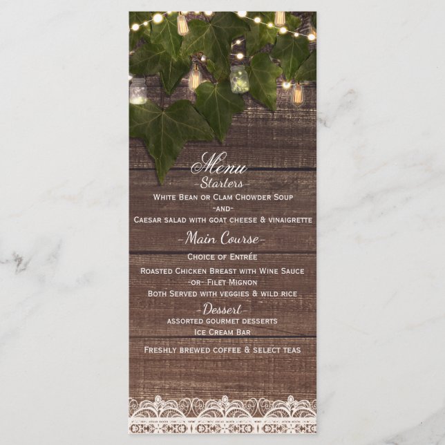 Ivy & String Lights Mason Jar Rustic Party Menu (Devant)
