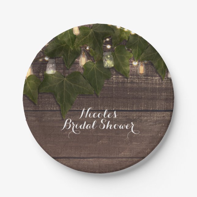 Ivy & String Lights Mason Jar Rustic Reception Paper Plate (Front)