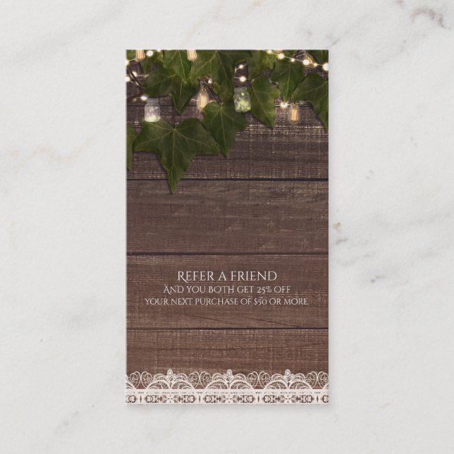Ivy String Lights Mason Jar Rustic Refer a Friend Referral Card (Front)