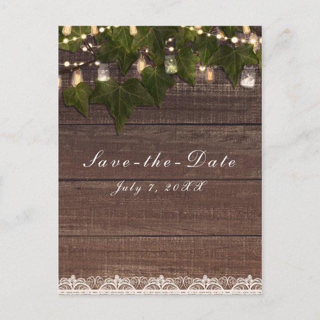 Ivy & String Lights Mason Jar Rustic Save the Date Announcement Postcard (Front)