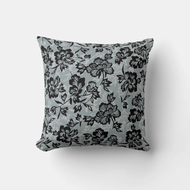 Iwalani Vintage Hawaiian Charcoal Floral Throw Pillow (Front)