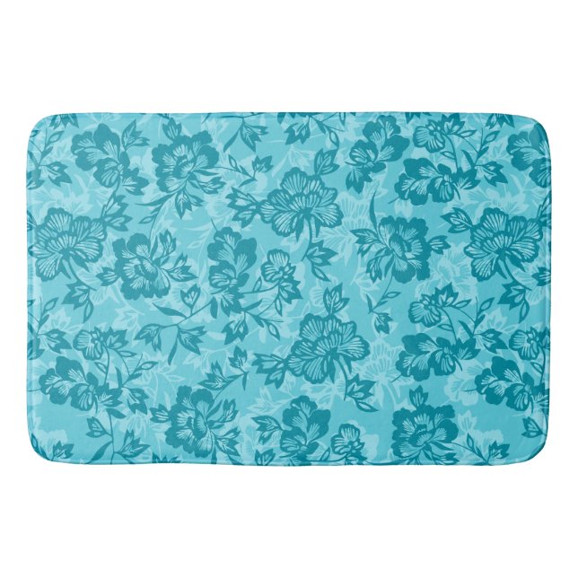 Iwalani Vintage Hawaiian Teal Floral Bath Mat (Front)