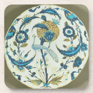 Iznik dish painted with a peacock perched among fl coaster
